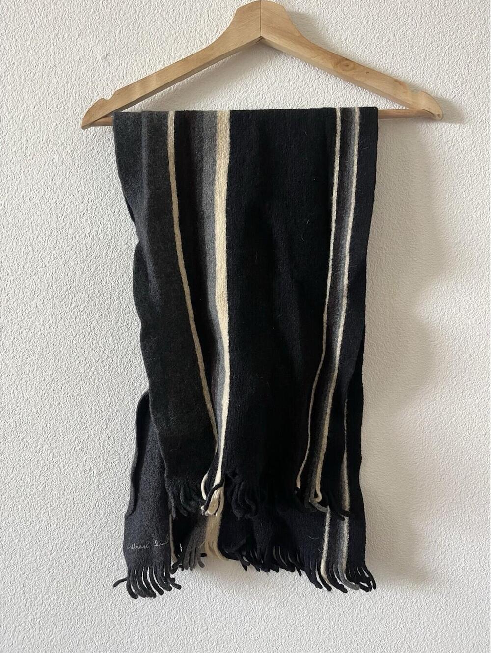 Paul Smith Striped Wool Fringe Scarf Black Gray Cream⁠